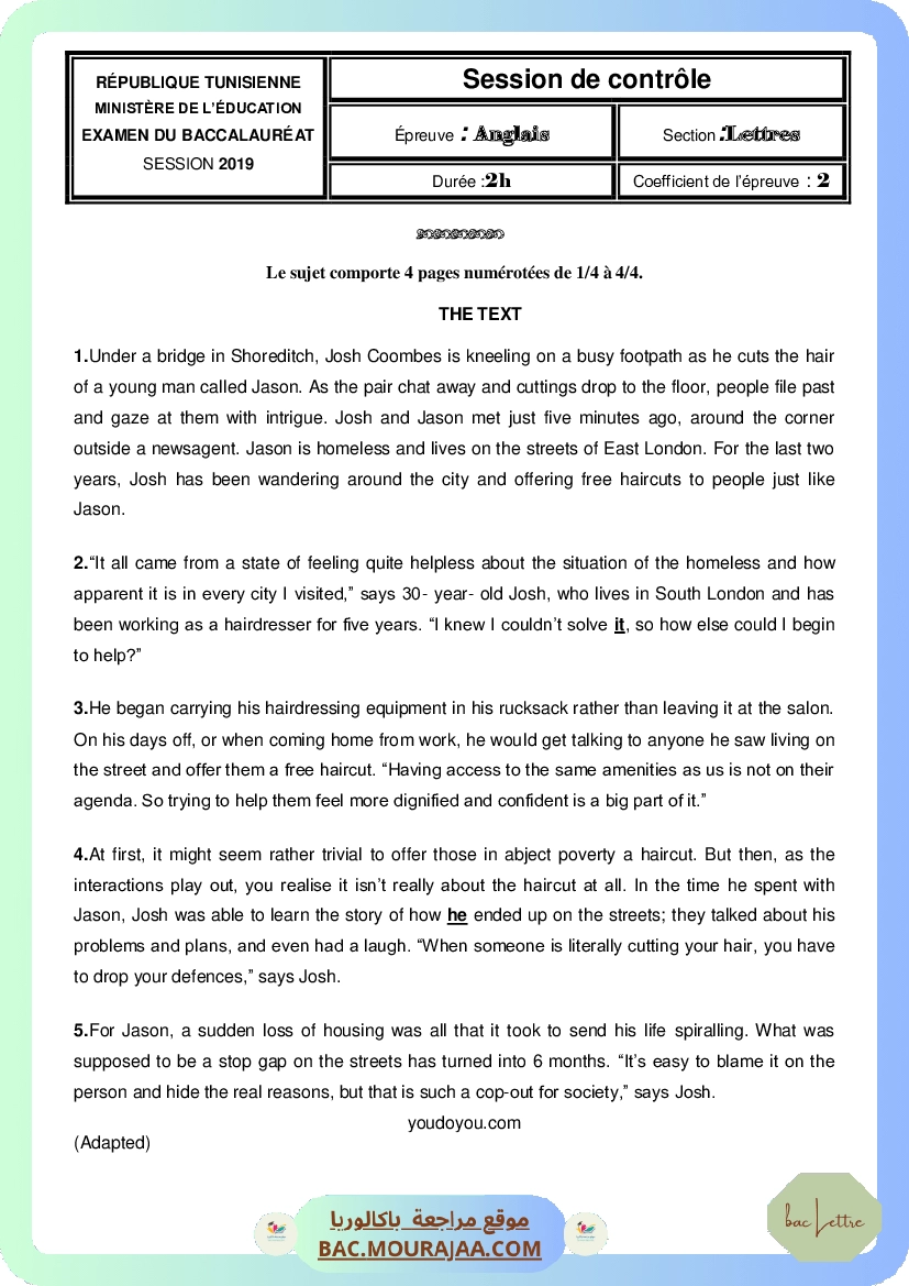 Corrigé controle anglais Bac 2019 – Section lettre